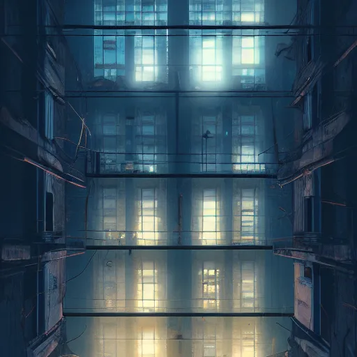 Image similar to One dilapidated building with only one window glowing. ArtStation, Cyberpunk, Vertical Symmetry, 8K, Highly Detailed, Intricate, Album Art.