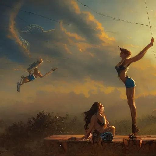 Image similar to concept art, air dancers by farmer's market, 8 k, by james gurney, greg rutkowski, and john howe, background of the sky at dusk, artstation