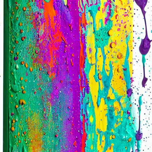 Image similar to flecks of paint lush & immense density long strands of drips in all directions splatters of mixed pigments with solid color inside.