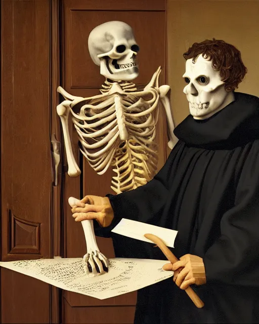 Image similar to A painting of Martin Luther holding a mallet and nailing a cartoon paper-skeleton Halloween decoration to the door of a suburban home, in the styles of Ferdinand Pauwels, Greg Rutkowski, and Judy Boyle intricate, hyperrealistic, accurate facial details, volumetric lighting