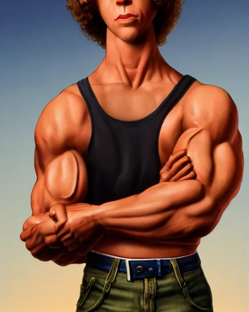 Prompt: character portrait of napoleon dynamite with the body of arnold schwarzenegger, 8 k, ultra realistic, photorealistic, fine details