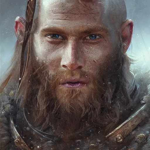 Prompt: a portrait painting of a viking warrior, digital painting, hyper realistic, nordic mythology, full of details, in the style if greg rutkowski,