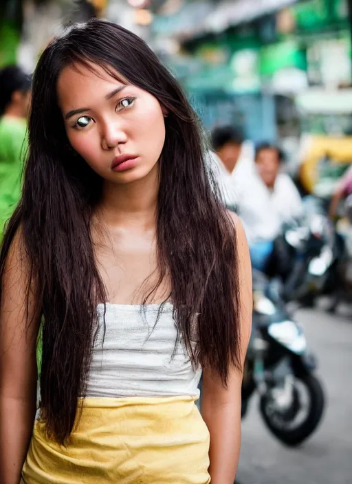 Image similar to Mid-shot portrait of a very beautiful 20-years-old woman from Indonesia, with long hair, candid street portrait in the style of Mario Testino award winning, Sony a7R