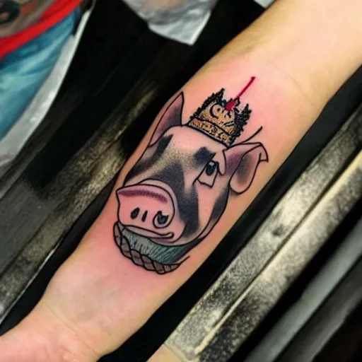 Image similar to traditional american tattoo of pig wearing a gold crown