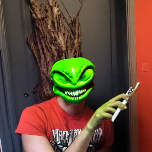 Prompt: alien caught smoking dope in rented house