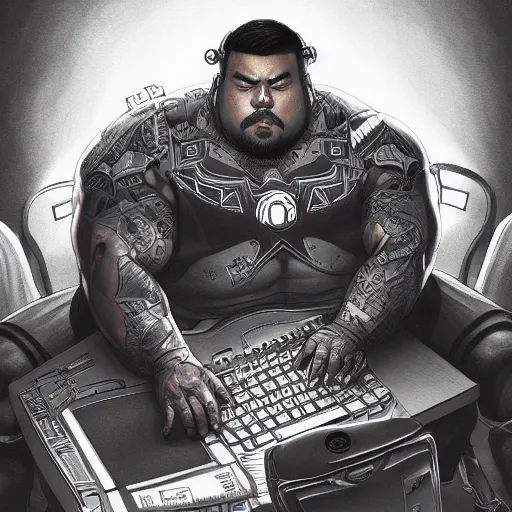 Image similar to a insanely detailed painting of a thick asian man wearing a homemade superhero costumed, sitting at a computer desk typing on the keyboard, in the style of peter mohrbacher, dramatic lighting and composition, trending on artstation, concept art, comic book, graphic novel