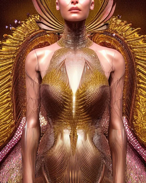 Image similar to a highly detailed metahuman 4 k close up render of an alien goddess bella hadid as alien in iris van herpen dress schiaparelli in diamonds crystals swarovski and jewelry in style of alphonse mucha gustav klimt trending on artstation made in unreal engine 4