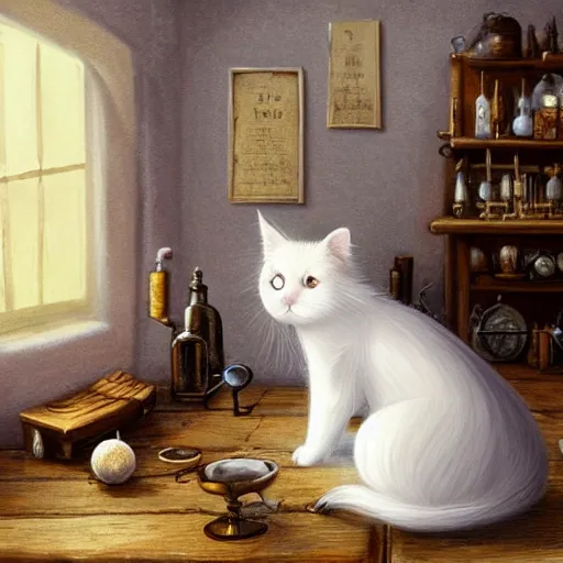 Image similar to a full body beautifull witch with white hair in an old room a cristal ball on wood table. with a potions and old instruments. on the floor a white cat licking his paw. in a fantasy style paiting