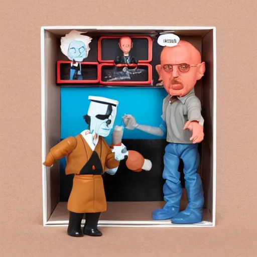 Prompt: nils bohr wrestling with werner heisenberg, stop motion vinyl action figure, plastic, toy, butcher billy style