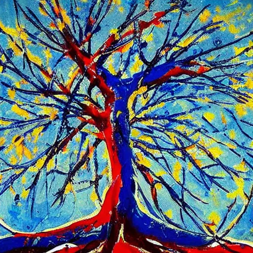 Prompt: beautiful painting of a wish tree, very detailled, blue, painted by jackson pollock