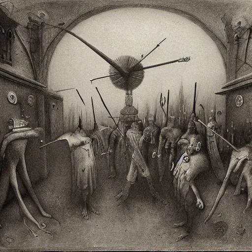 Image similar to plague doctors in the mist with weird rube goldberg machines, minimalist, joel peter witkin, heironymus bosch, gustave dore, beksinski, giger'