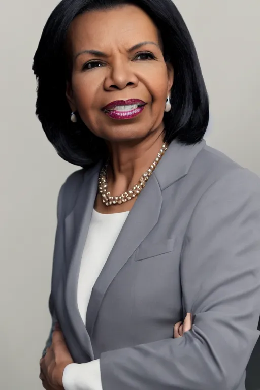 Prompt: Condoleezza Rice, studio photograph, XF IQ4, 150MP, 50mm, F1.4, ISO 200, 1/160s, natural light, Adobe Photoshop, Adobe Lightroom, photolab, Affinity Photo, PhotoDirector 365