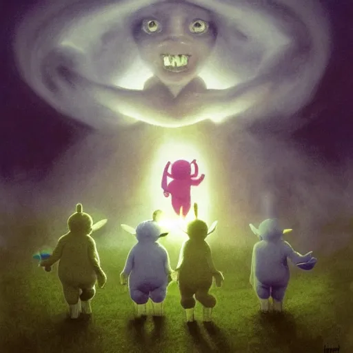 Image similar to The Teletubbies go to Hell, psychedelic art, demonic, fullbody, artstation, dark fantasy, concept art, horror, evil, smooth, sharp focus, illustration, art by greg rutkowski and orientalism and bouguereau and Zdzislaw Beksinski, good clear quality, lighting, biology, symmetrical artwork, perfect face, 135 mm, cinematic, hyper realism, high detail, octane render, 8k, chrome accents