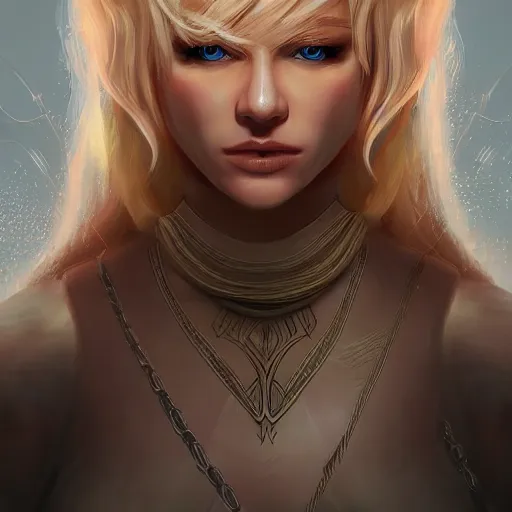 Image similar to high fantasy, portrait of blond elf woman, detailed face, detailed body, chef clothing, kitchen knife, ultradetailed digital illustration, epic atmosphere, artstation