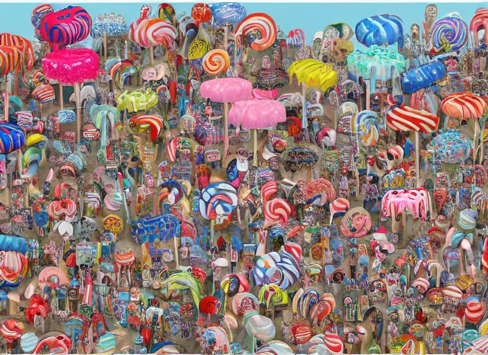 Image similar to where's waldo, lollipops and donuts, lowbrow, matte painting, 3 - d highly detailed, in the styles of lilla alvarado, camille rose garcia