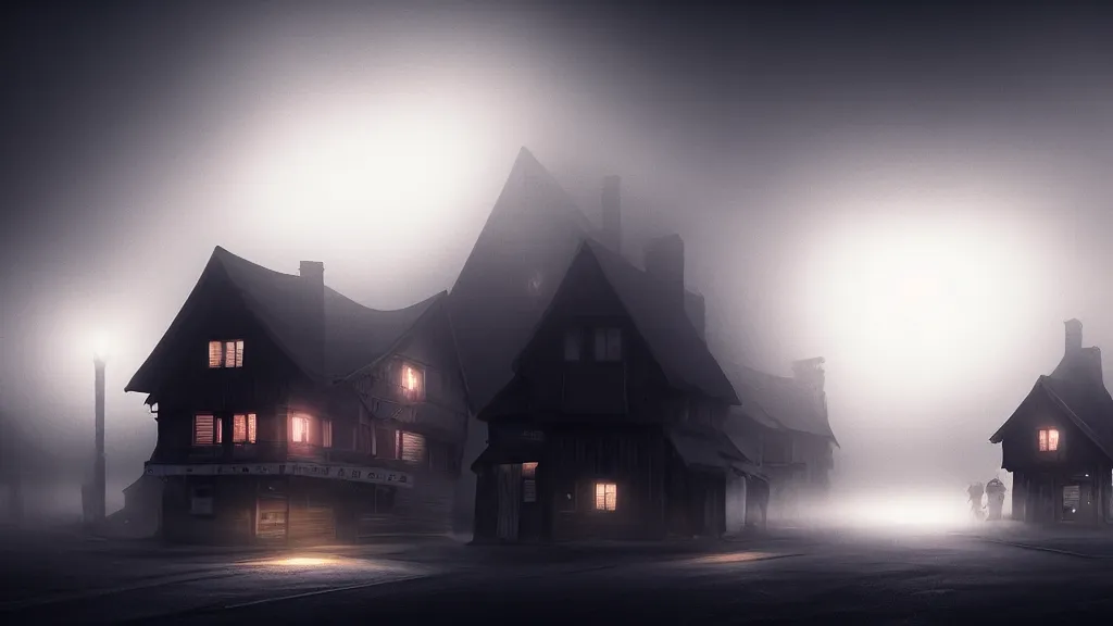 Prompt: thin luminous threads stretch from a black sphere that is in the sky above a small village with wooden houses in the fog, fog, volumetric lighting, mystique, atmospheric, sharp focus, ultra detailed, ross tran, thierry doizon, kai carpenter, ignacio fernandez rios, noir art house, 4 k, 3 5 mm