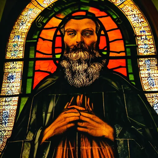 Prompt: double exposure of a close - up high resolution sigma 8 5 mm f / 1. 4 photo of a bearded black robed benedictine monk blending into a beautiful stained glass window in the style of true detective