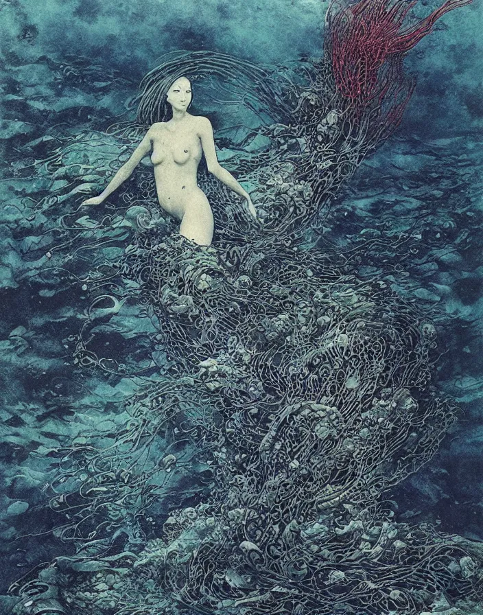 Image similar to a mermaid with big fins swimming deep underwater amongst seaweed and sea creatures, mermaid, beksinski painting, part by adrian ghenie and gerhard richter. art by takato yamamoto. masterpiece, dark and moody, deep colours, blue