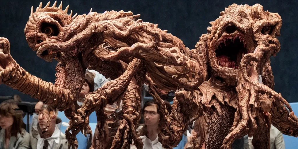 Prompt: Demogorgon (from Stranger Things) giving a speech in the UN General Assembly.
