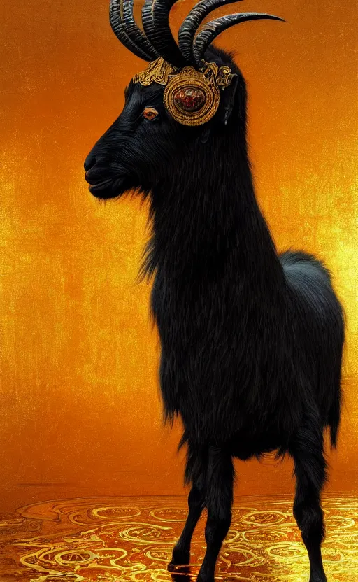 Image similar to a detailed portrait of a black goat on a golden throne, in a red river, concept art, deep focus, intricate, highly detailed, digital painting, artstation, matte, sharp focus, illustration, art by greg rutkowski and alphonse mucha