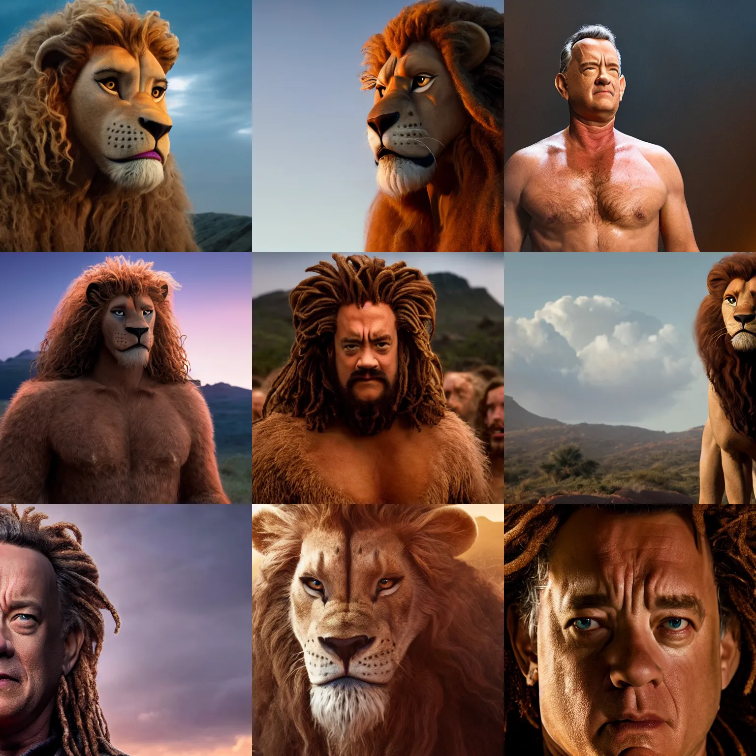 Prompt: tom hanks as mufasa, detailed, portrait photograph, 8 k hdr movie still, dynamic lighting