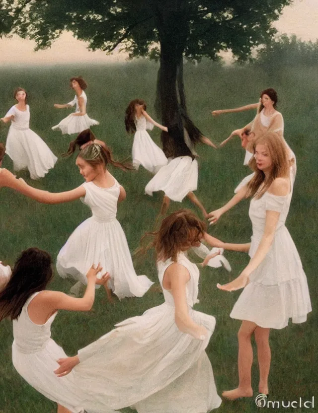 Prompt: Girls in a round dance, in white dresses, dancing in a circle, Cottage core, Cinematic focus, Polaroid photo, vintage, neutral colors, soft lights, foggy, by Steve Hanks, by Serov Valentin, by lisa yuskavage, by Andrei Tarkovsky, by Terrence Malick, 8k render, detailed, oil on canvas, High angle view, wide shot