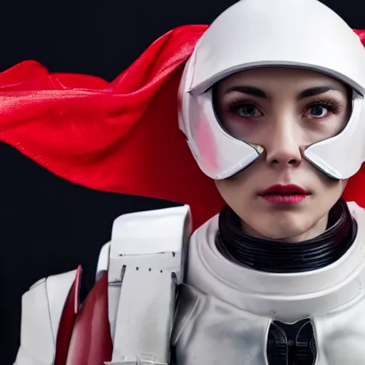 Prompt: headshot of a beautiful female soldier, no makeup, in glossy sleek white armor and a long red cape, looking up at camera, determined expression, no helmet, on the surface of mars, cinematic, sci-fi, hyperrealistic, detailed