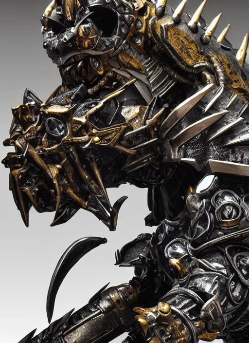 Image similar to hyper realistic glorious ancient wargreymon in a obsidian metal armor, futuristic design, designed by makoto kobayashi and luca zampriolo, portrait, cyberpunk style, wood and gold details, intricate, extremely detailed, ornate, deep of field, hard surface, exoskeleton, substance designer metal unreal engine. amazing likeness. very detailed.