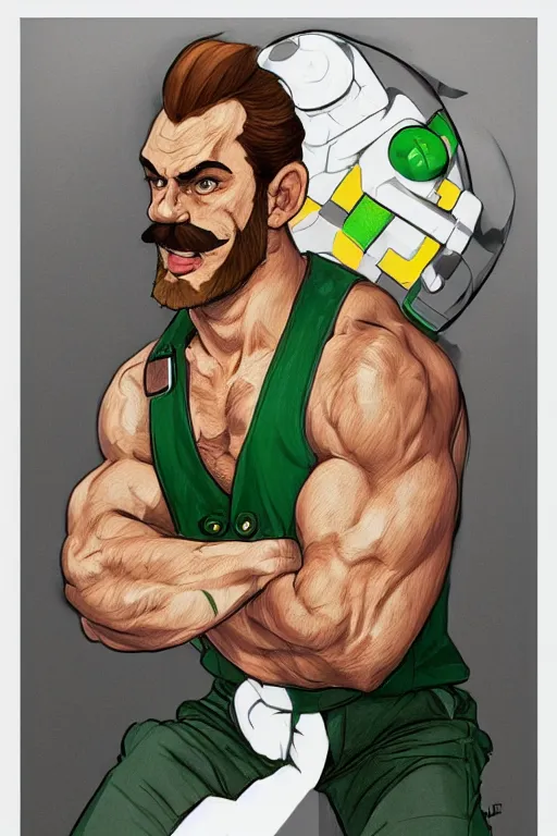 Image similar to gigachad luigi wearing a green shirt and overalls by ilya kuvshinov, bodybuilder ernest khalimov, super mario bros symmetrical face concept art, hyper realistic, intricate, elegent, highly detailed, digital painting, concept art, smooth, sharp, focus, illustration, art by artgerm and greg rutkowski and alphonse mucha, artstation