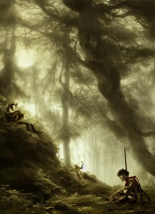 Image similar to sun wukong sitting alone in the melancholy forest. andreas achenbach, artgerm, mikko lagerstedt, zack snyder, tokujin yoshioka