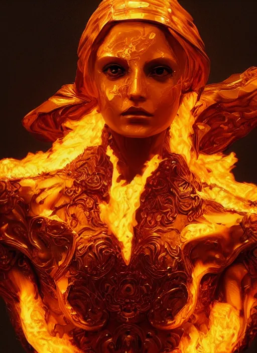 Image similar to sculpture made of flame, portrait, female, future, torch, fire, harper's bazaar, vogue, fashion magazine, intricate, concept art, close up, ornate, luxury, elite, elegant, trending on artstation, by ruan jia, by Kenneth Willardt, by ross tran, by WLOP, by Andrei Riabovitchev,