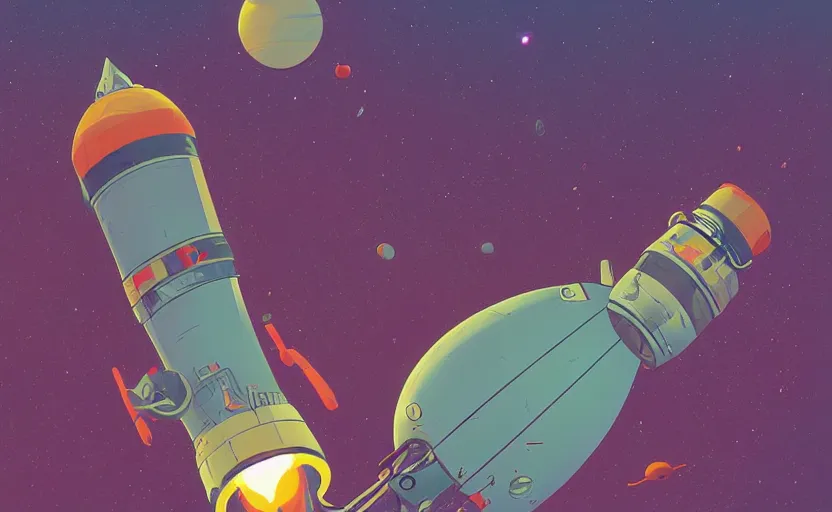 Prompt: rocket engine floating in space, moebius, stylized, james gilleard, print, game art