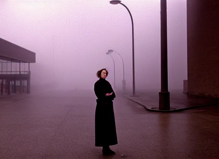 Image similar to cinematic screenshot high wide angle shot of olivia coleman standing outside in a foggy desolate eerie department store empty parking lot, one car, paranoia everywhere, scene from the tense thriller film directed by spike jonze, volumetric hazy lighting, anamorphic lens, moody cinematography, 3 5 mm kodak color ektochrome