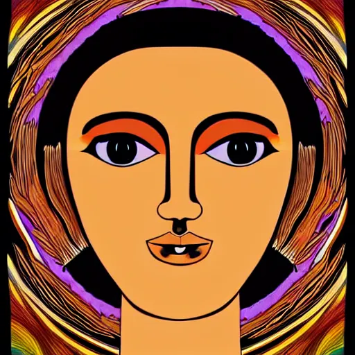 Image similar to tan latina woman, landscape, entering fourth dimension, third eye, prominent rosy cheek bones, black hair and brown eyes, psychedelic da vinci art style,