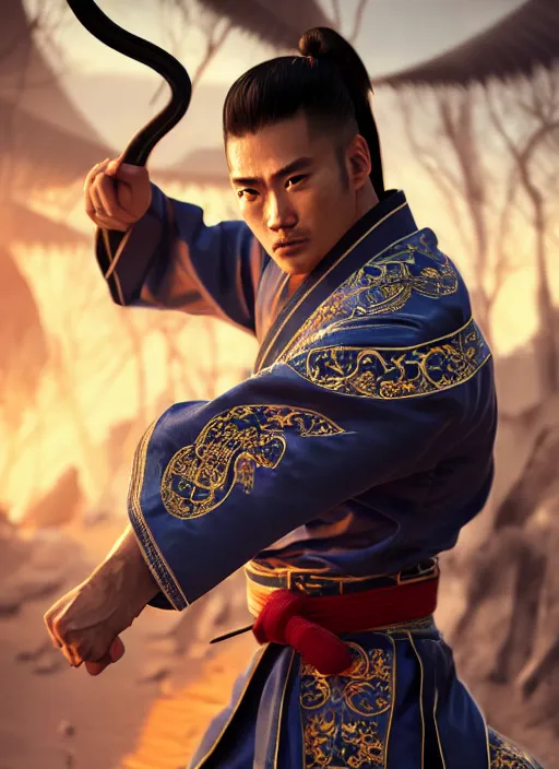 Image similar to male martial artist with a high ponytail, holding a sabre!!! asian facial features and blue eyes!! intricate ornate blue robes!! character concept art, sharp focus, octane render! unreal engine 5! highly rendered!! trending on artstation!! detailed linework!! illustration by artgerm, wlop, and chie yoshii