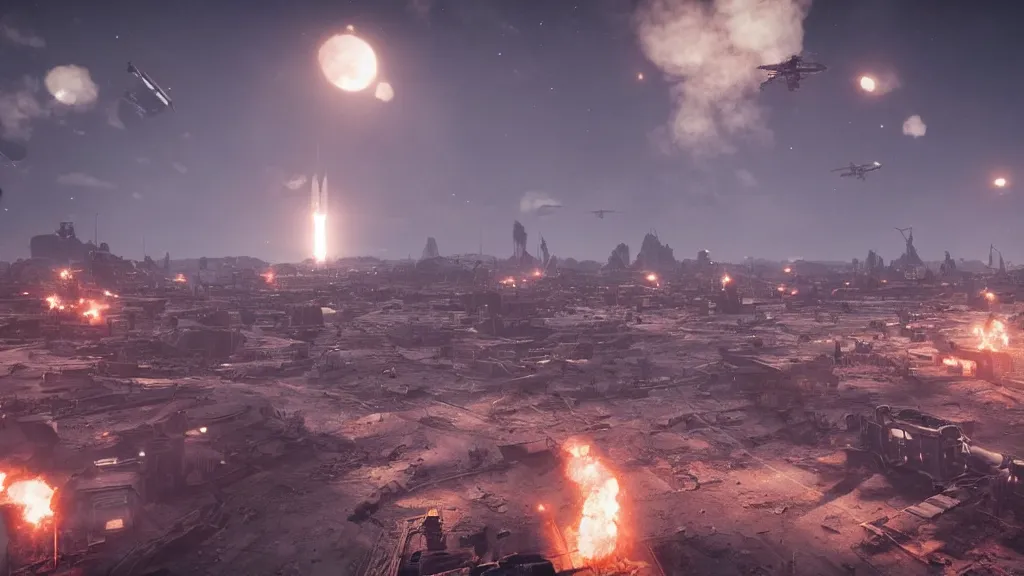 Image similar to a spaceship launching in a nuclear wasteland, ruined city in background, hundreds of rockets flying vertically in the sky, hyperrealistic, Cryengine 8k UHD