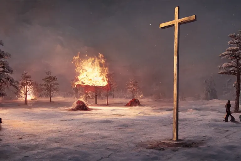 Image similar to a cross set on fire on a snow covered field, painting by pascal blanche, a matte painting by li shida, cgsociety, context art, redshift, matte painting, reimagined by industrial light and magic