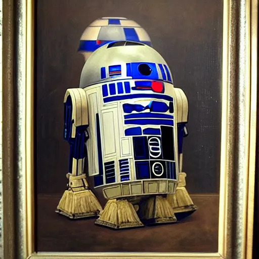 Image similar to a portrait painting of r 2 d 2 from star wars in a renaissance style hanging in the louvre