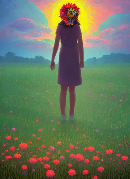 Image similar to girl with flower face, in a field with flowers, hills, big trees, sunrise dramatic light, impressionist painting, colorful clouds, digital painting, pointillism, artstation, simon stalenhag, flower head