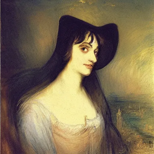 Image similar to morgana from fata morgana, smiling, painted by joseph mallord william turner, portrait