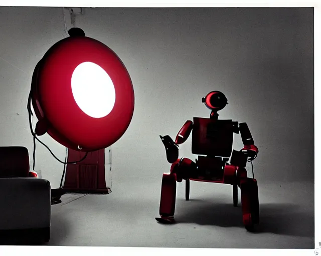 Image similar to Against a white cyc (white cyclorama backdrop) futuristic studious matte brown and red and chrome full-body humanoid robot with two huge round expressive sad purple glowing LED eyes and open rectangular mouth sitting on a large comfortable cushioned 1950s vintage recliner reading a newspaper. open newspaper. full shot Cinematic Movie Photograph, Arri Alexa, Extremely Detailed, smooth, very very clean, white cyc, white background, 8K, octane render, maya render, unreal engine, trending on artstation, DSLR, excellent composition, center frame