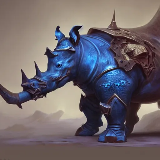 Image similar to an anthropomorphic blue Rhinoceros wearing plate paladin armor, forward facing angle, concept art, character design, stunning 3d render , art by Tooth Wu and justin gerard and Blizzard studios, dim volumetric lighting, 8k octane beautifully detailed render, post-processing, extremely hyperdetailed, intricate complexity, epic composition, grim yet sparkling atmosphere, masterpiece, trending on artstation