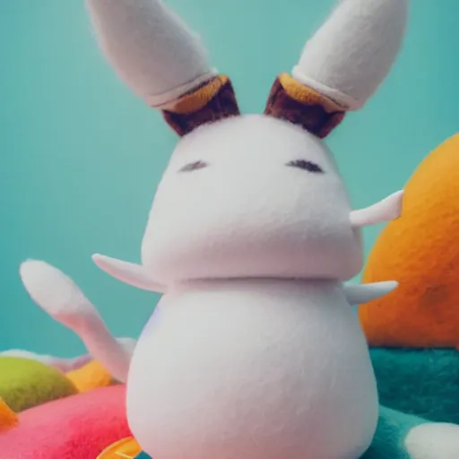 Image similar to a furry Moomin, two tiny horns, big head, 3D art, Baymax style, sweet department, felt, kawaii, Marina Dieul, Monchhich, Kristina Shablina, 8K