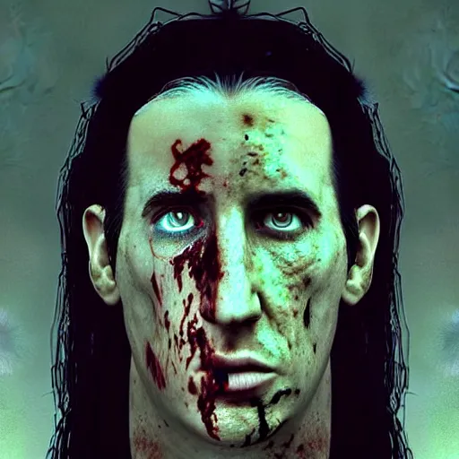 Image similar to young and handsome trent reznor as a zombie with shoulder length hair, 7 days to die zombie, realistic proportions, fine art, award winning, intricate, elegant, sharp focus, cinematic lighting, digital painting, 8 k concept art, art by brom, art by guweiz and z. w. gu, art by michael hussar, 8 k