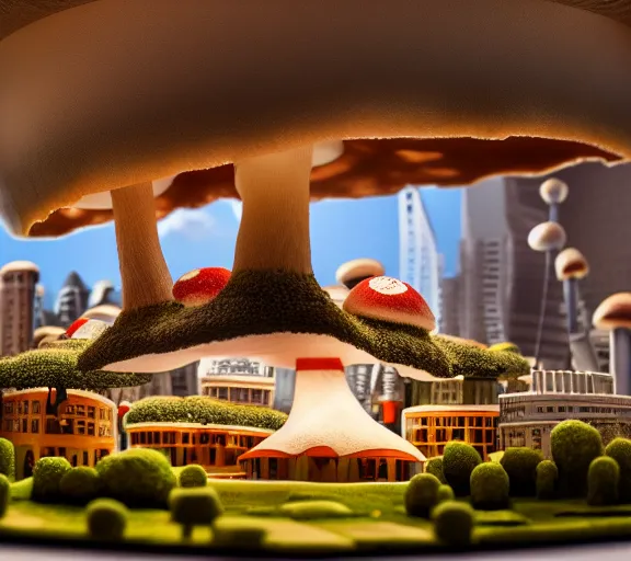 Prompt: a city built upside down from a cap of a giant mushroom. highly detailed 8 k. intricate. lifelike. soft light. nikon d 8 5 0. cinematic post - processing