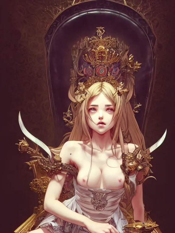Image similar to full body picture of a girl with wolf ear sitting on the throne, bored, beautiful and aesthetic, intricate, unreal engine, messy hair, highly detailed, detailed face, smooth, sharp focus, chiaroscuro, manga illustration, artgerm, greg rutkowski, ilya kuvshinov, rossdraws, alphonse mucha, young adult light novel cover art
