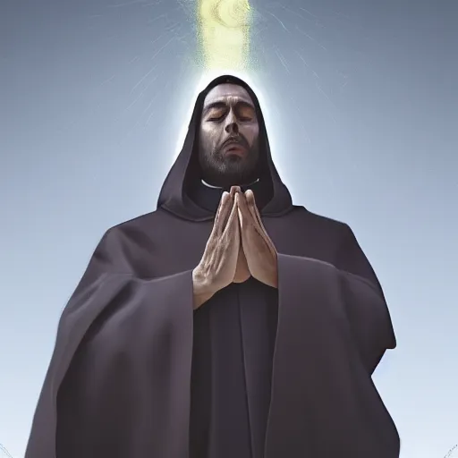 Image similar to Close up of a priest in his thirties fervently praying as he is about to die from the ominous yellow shadow descending upon him from the night sky. Low angle, dramatic lighting. Award-winning digital art, trending on ArtStation