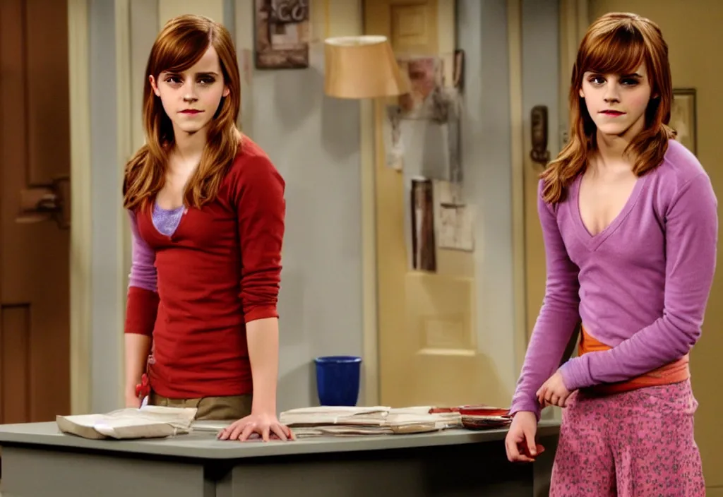 Image similar to emma watson as penny from the big bang theory episode 1, stills from the sitcom
