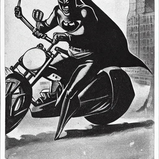 Image similar to old black and white photo, 1 9 1 3, depicting batman on a motorcycle from dark knight rampaging through the bustling streets of new york city, rule of thirds, three - point perspective, historical record