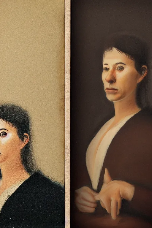 Image similar to realistic portrait by woman ghost on behind him, but he must not see it